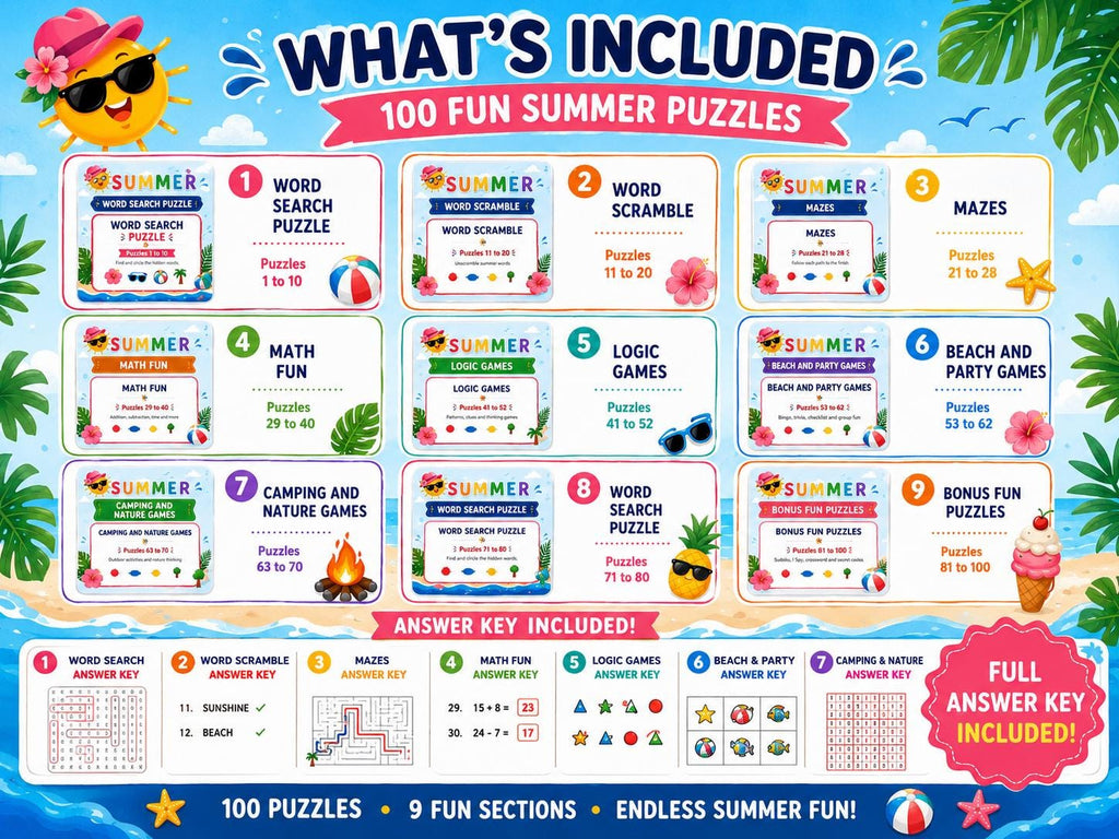 100-Page Summer Activity Book for Kids Ages 5-12 | Puzzle Workbook  Word Search Mazes Math Logic STEM Coding | Printable Instant Download