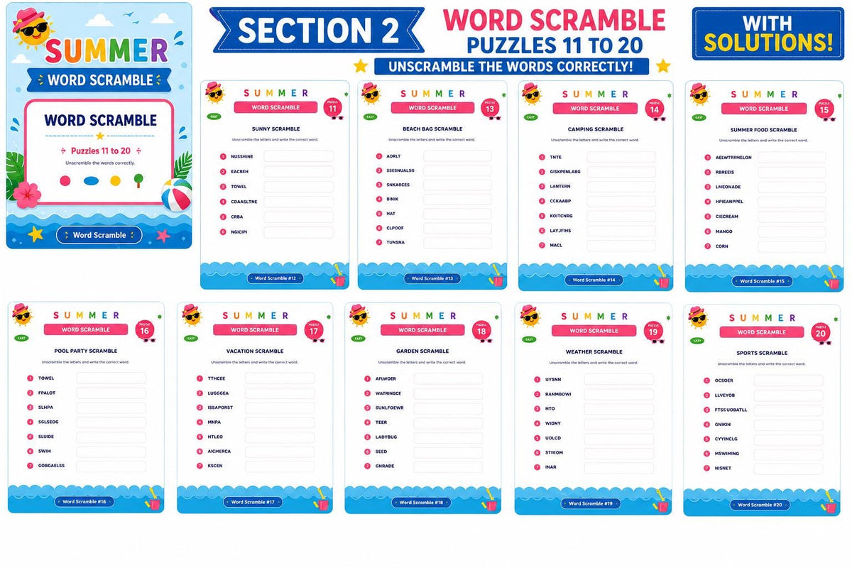 100-Page Summer Activity Book for Kids Ages 5-12 | Puzzle Workbook  Word Search Mazes Math Logic STEM Coding | Printable Instant Download