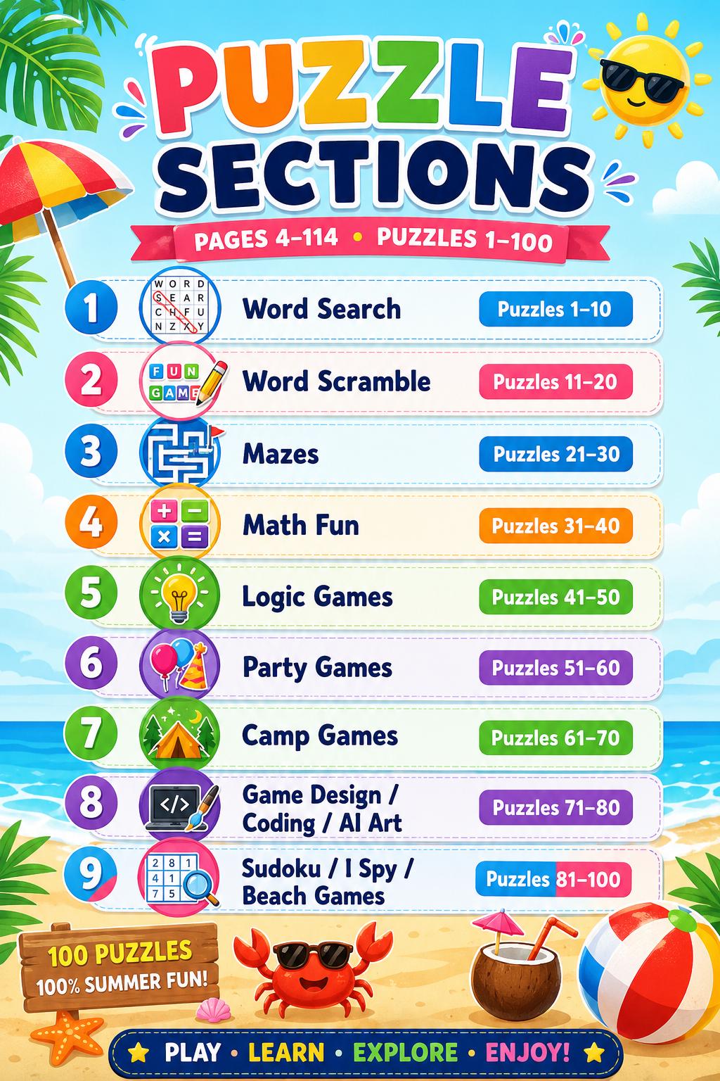 100-Page Summer Activity Book for Kids Ages 5-12 | Puzzle Workbook  Word Search Mazes Math Logic STEM Coding | Printable Instant Download