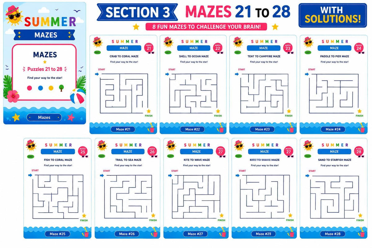 100-Page Summer Activity Book for Kids Ages 5-12 | Puzzle Workbook  Word Search Mazes Math Logic STEM Coding | Printable Instant Download