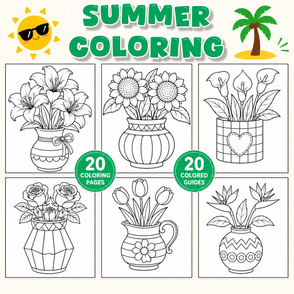 Summer Flower Coloring Pages for Kids, Printable Activity Book (20 Pages)