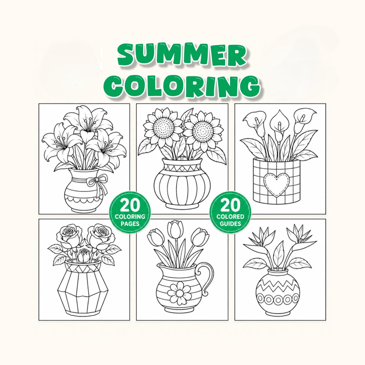 Summer Flower Coloring Pages for Kids, Printable Activity Book (20 Pages)
