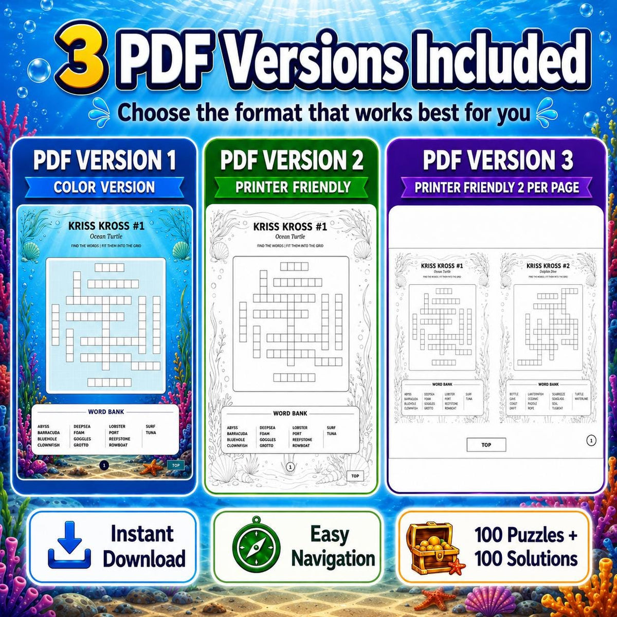 100 Kriss Kross Puzzles Printable With Solutions, Kids Teens Adults Word Fill In Puzzle Book, Kriss Cross Puzzle PDF, 3 Versions Included