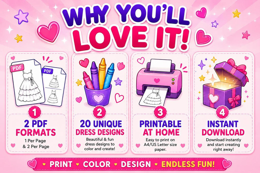 Design Your Own Dresses Activity Book | 20 Fashion Coloring Pages (Digital Download)