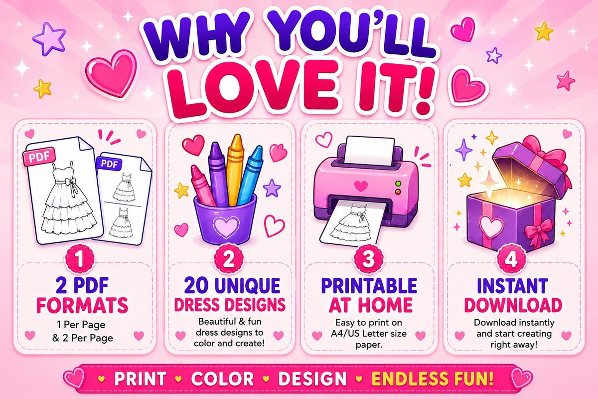 Design Your Own Dresses Activity Book | 20 Fashion Coloring Pages (Digital Download)