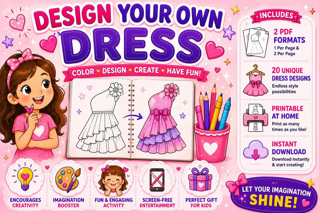 Design Your Own Dresses Activity Book | 20 Fashion Coloring Pages (Digital Download)