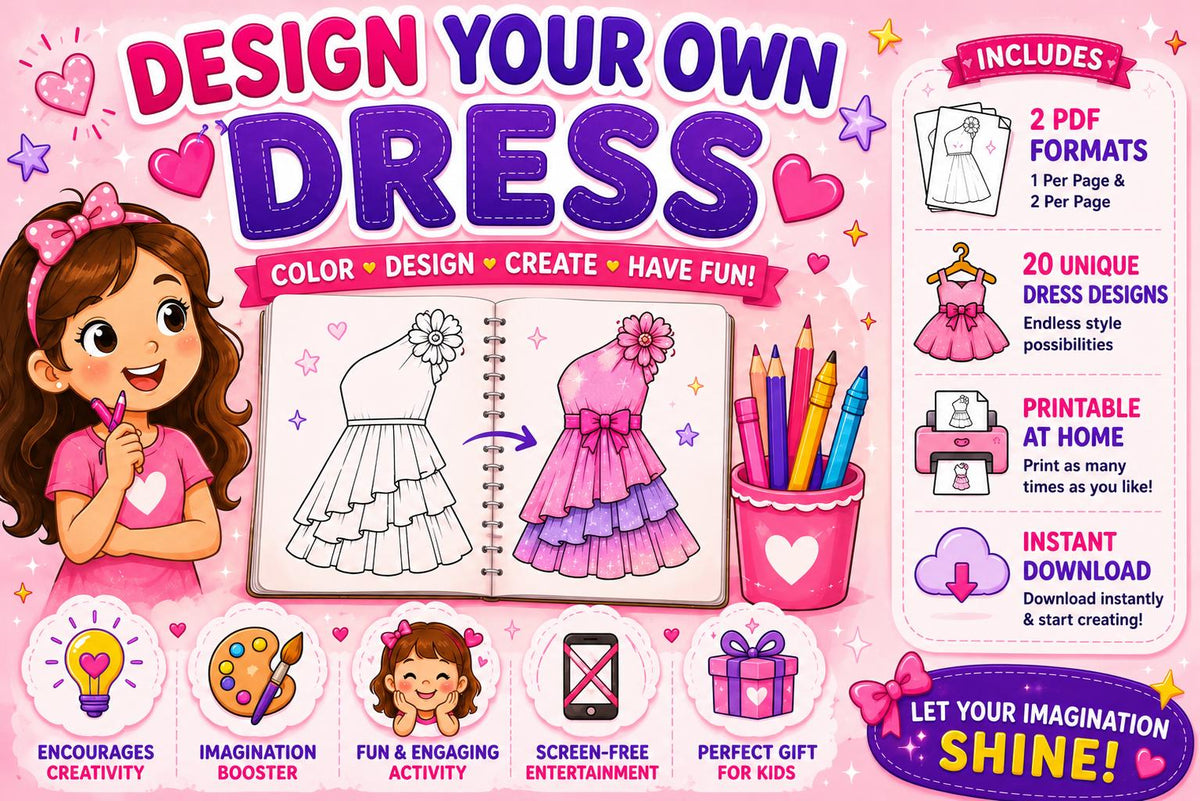Design Your Own Dresses Activity Book | 20 Fashion Coloring Pages (Digital Download)