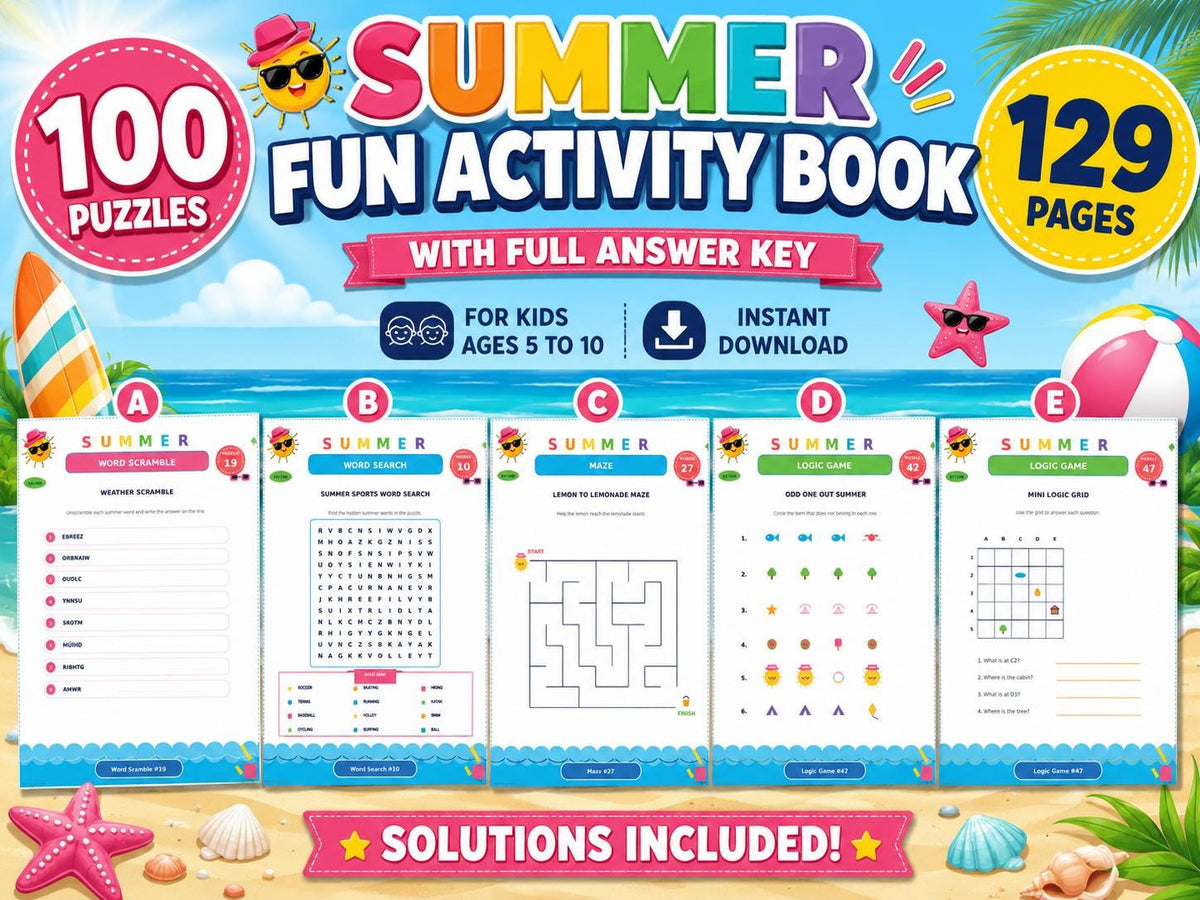 100-Page Summer Activity Book for Kids Ages 5-12 | Puzzle Workbook  Word Search Mazes Math Logic STEM Coding | Printable Instant Download