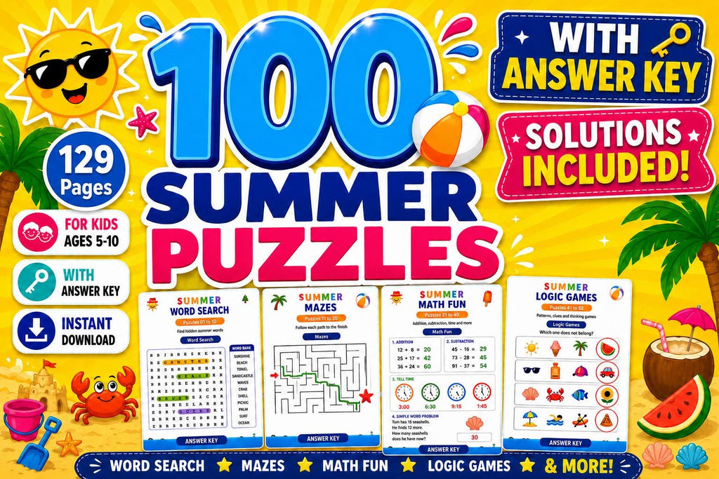 100-Page Summer Activity Book for Kids Ages 5-12 | Puzzle Workbook  Word Search Mazes Math Logic STEM Coding | Printable