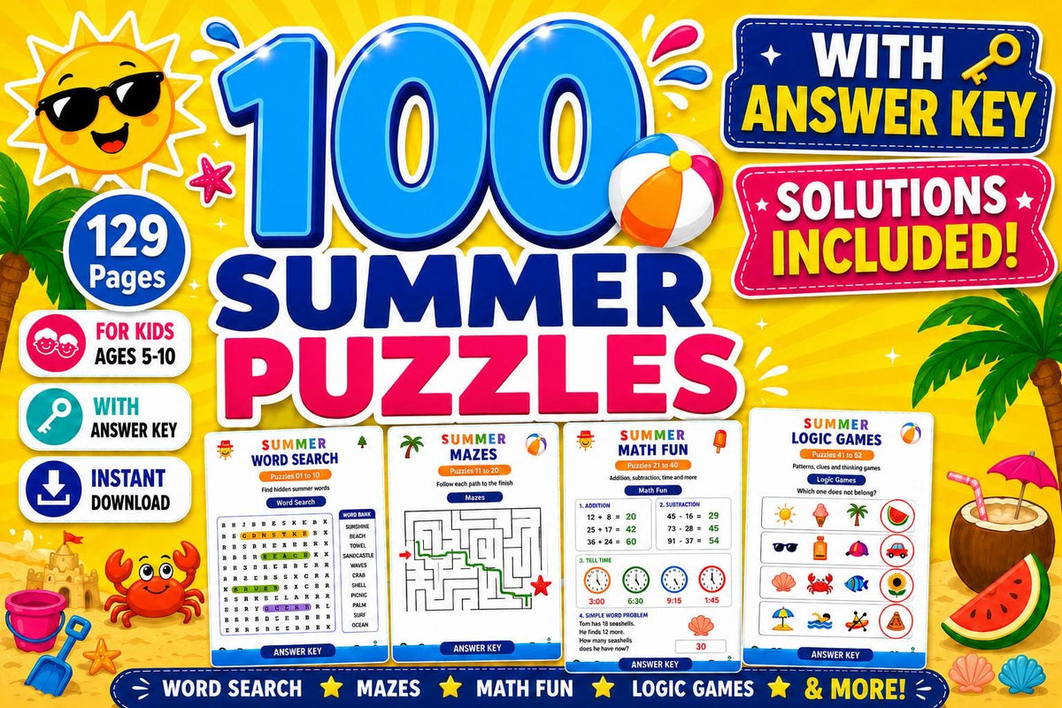100-Page Summer Activity Book for Kids Ages 5-12 | Puzzle Workbook  Word Search Mazes Math Logic STEM Coding | Printable
