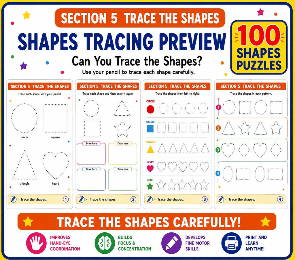 Shapes Workbook for Kids, Summer Printable PDF, 110 Page Preschool Kindergarten Activity Bundle