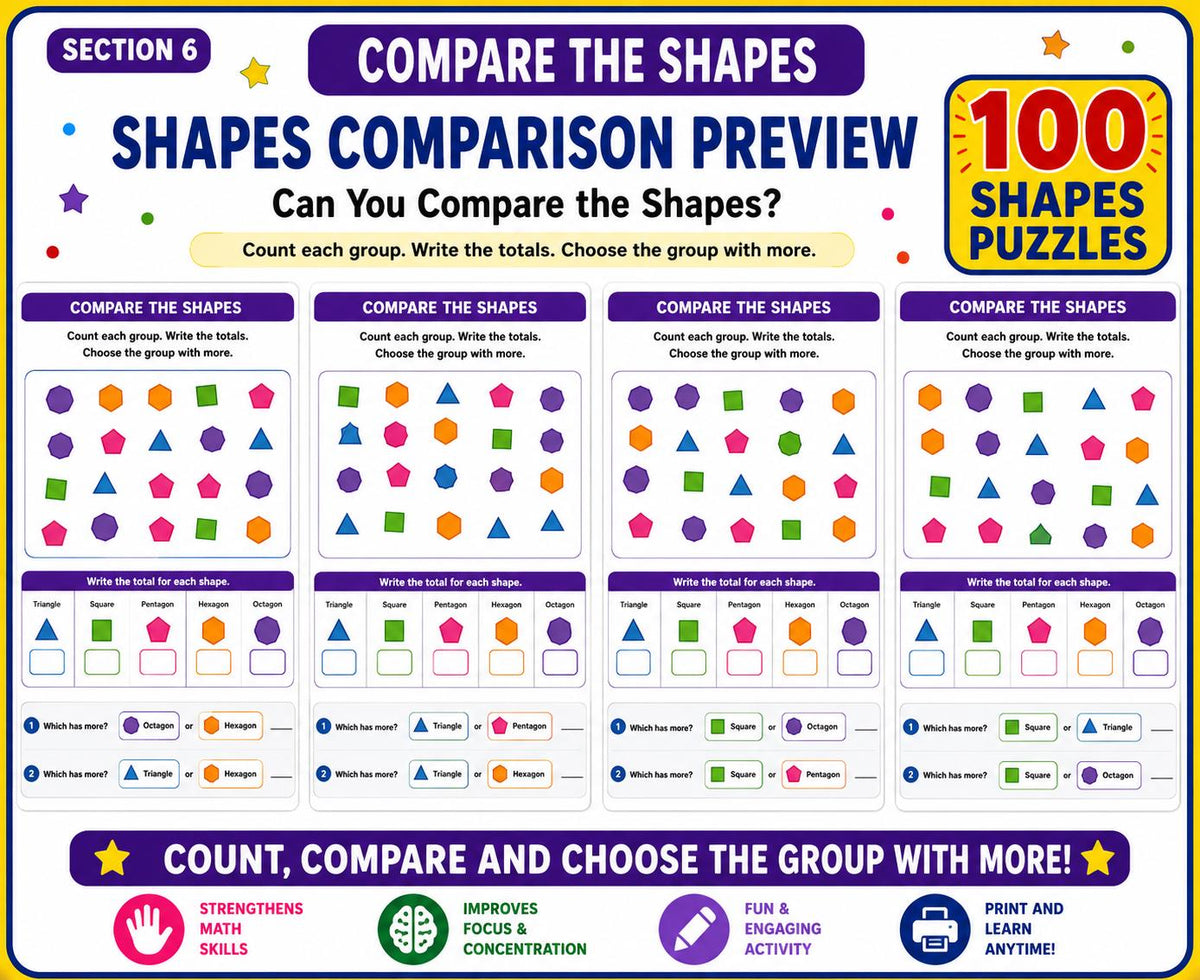 Shapes Workbook for Kids, Summer Printable PDF, 110 Page Preschool Kindergarten Activity Bundle
