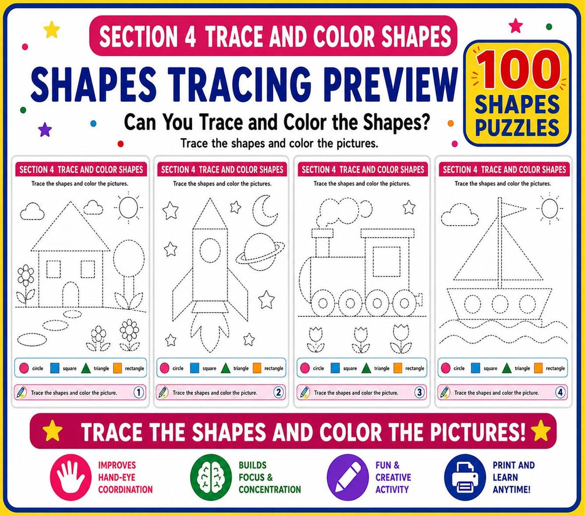 Shapes Workbook for Kids, Summer Printable PDF, 110 Page Preschool Kindergarten Activity Bundle