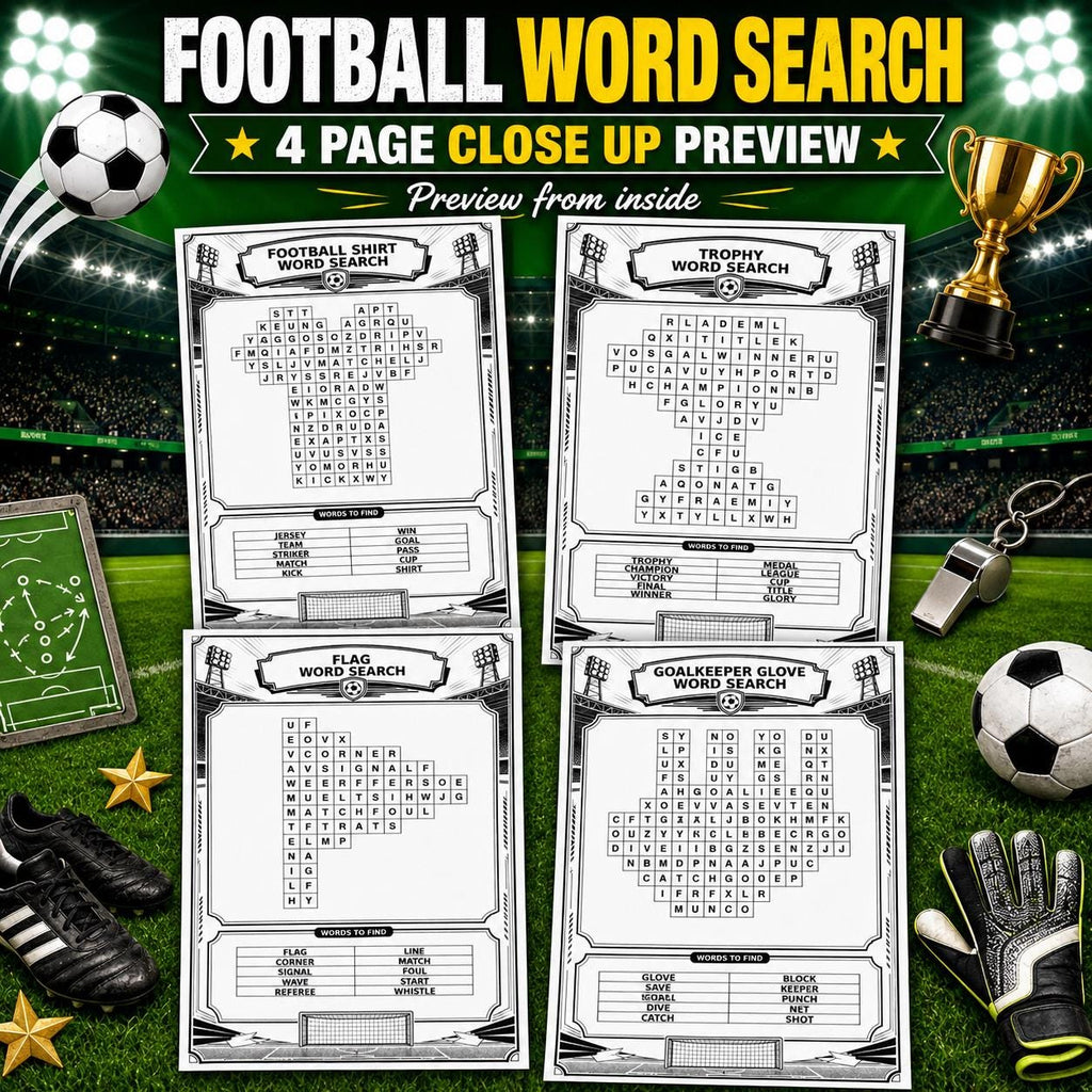 Football Word Search Printable, 20 Soccer Word Search Pages, Football Puzzle Game, Soccer Party Activity, Printable Wordsearch PDF