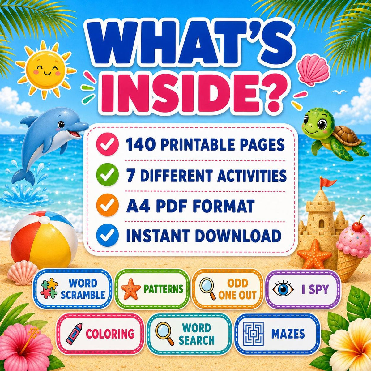 Summer Activity Pack Printable, 140 Pages Summer Worksheets, Kids Printable Games, I Spy, Mazes, Word Search, Coloring Pages