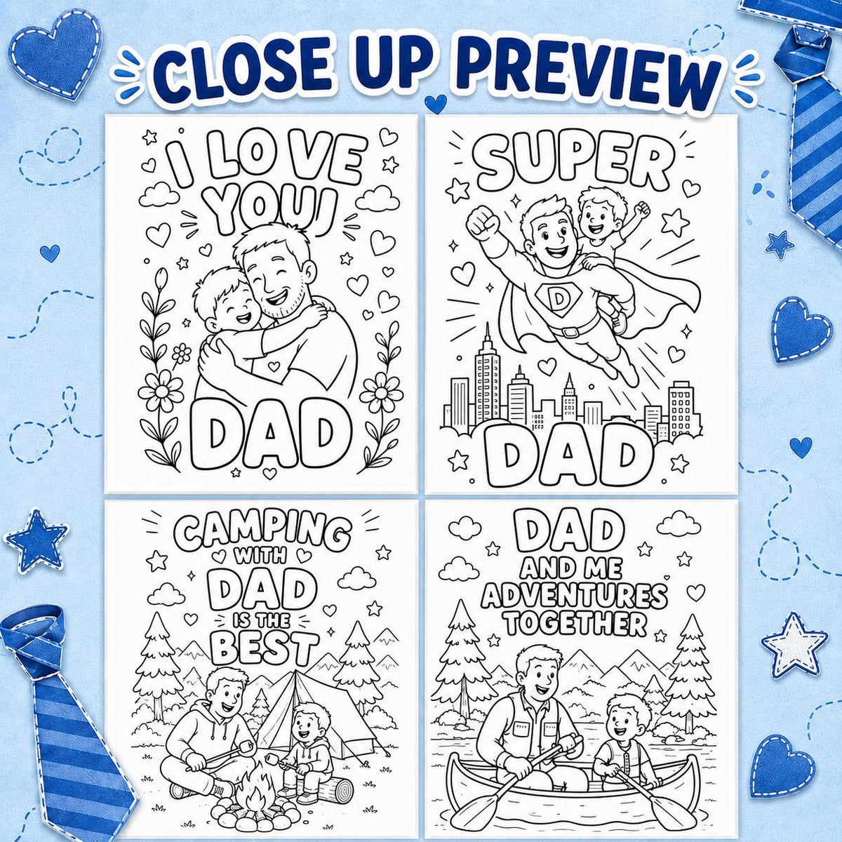 Father’s Day Coloring Pages for Kids, Dad & Daddy Coloring Book, 15 Printable Father’s Day Gift Pages PDF