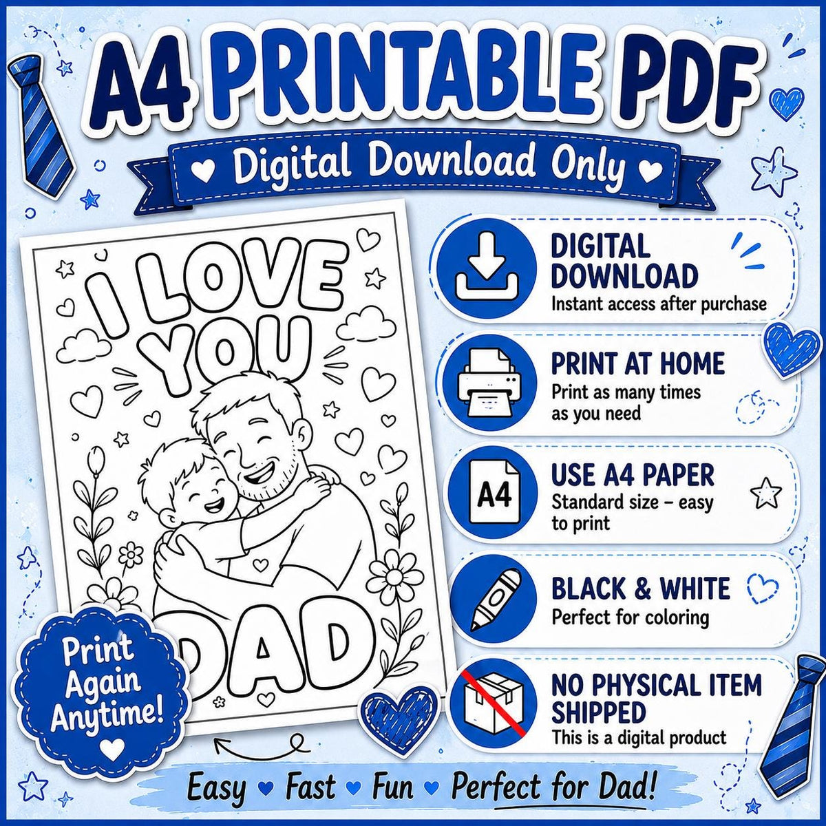 Father’s Day Coloring Pages for Kids, Dad & Daddy Coloring Book, 15 Printable Father’s Day Gift Pages PDF