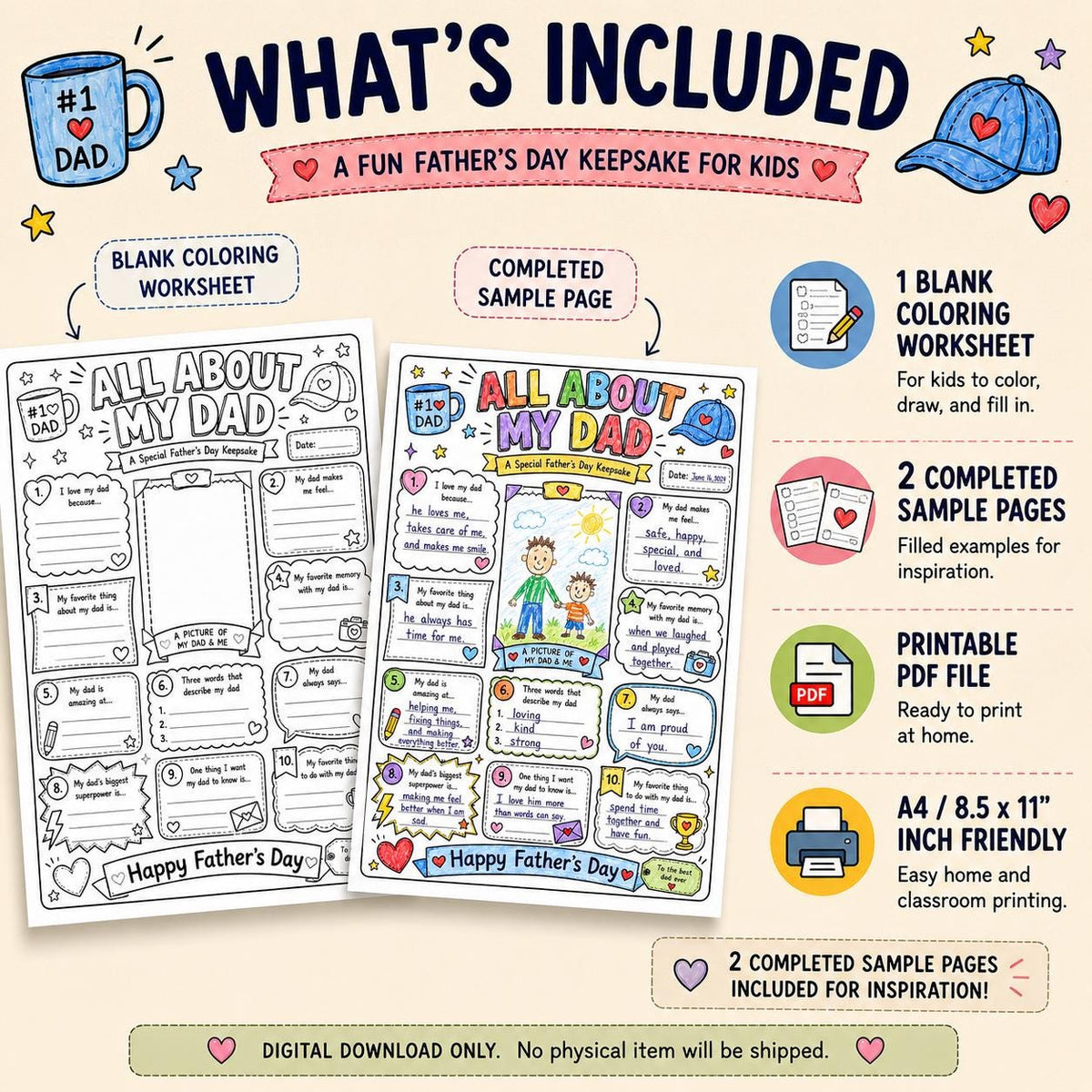 All About My Dad Printable, Father’s Day Activity for Kids, Dad Interview Coloring Page, Printable Gift for Dad, Fill In Worksheet