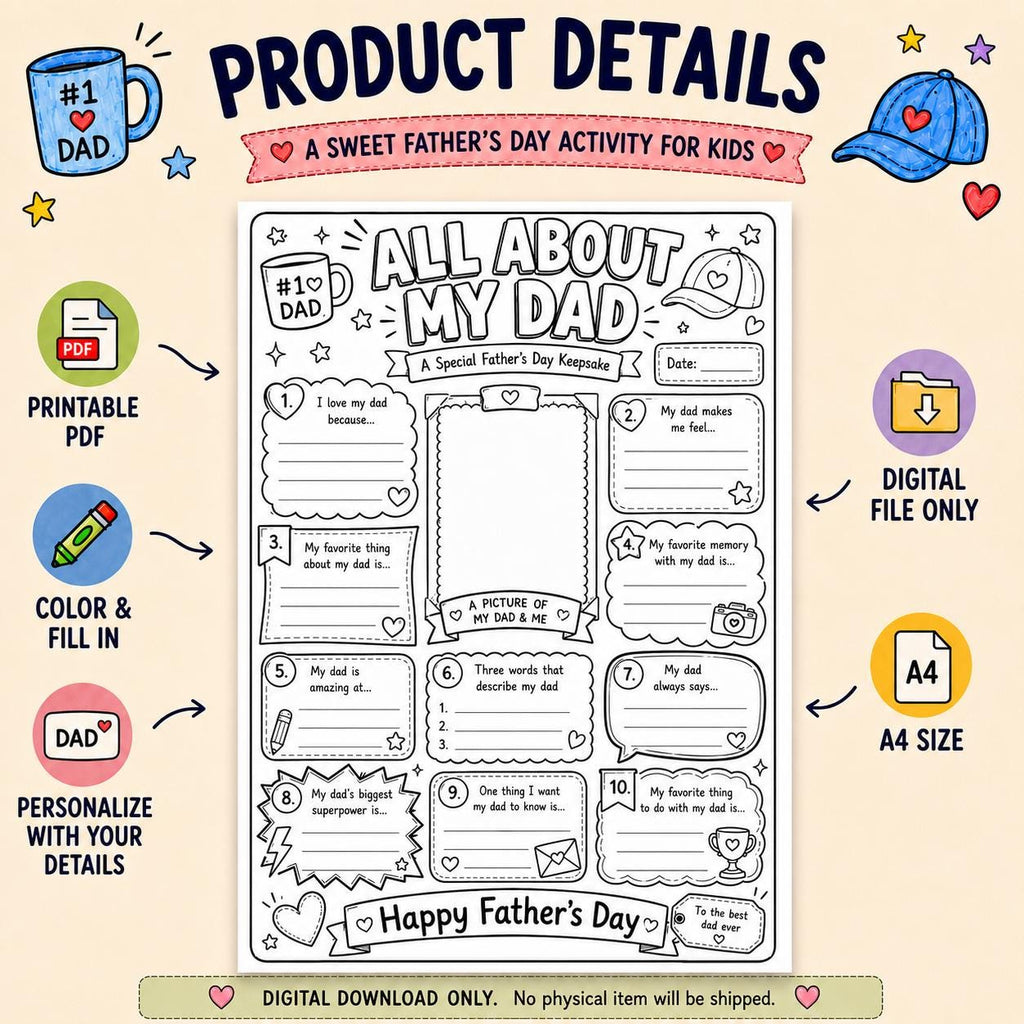All About My Dad Printable, Father’s Day Activity for Kids, Dad Interview Coloring Page, Printable Gift for Dad, Fill In Worksheet