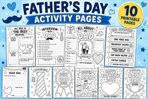 Father’s Day Activity Pack for Kids, All About Dad Worksheet, Dad Coupons, Letter to Dad & Coloring Pages