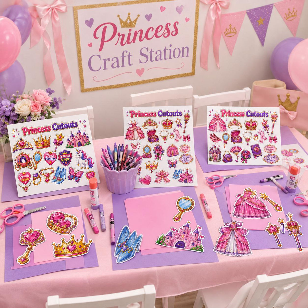 Princess Cutouts Printable, Princess Theme Party Craft, Kids Cut and Paste Activity, Princess Birthday Party Favor, Printable Princess Craft