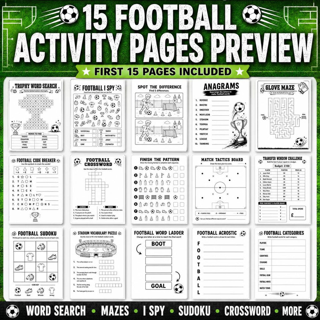 Football Activity Pack, Printable Soccer Activity Pages, Football Puzzles, Football Word Search, Maze, Crossword, Puzzle Games