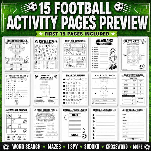 Football Activity Pack, Printable Soccer Activity Pages, Football Puzzles, Football Word Search, Maze, Crossword, Puzzle Games