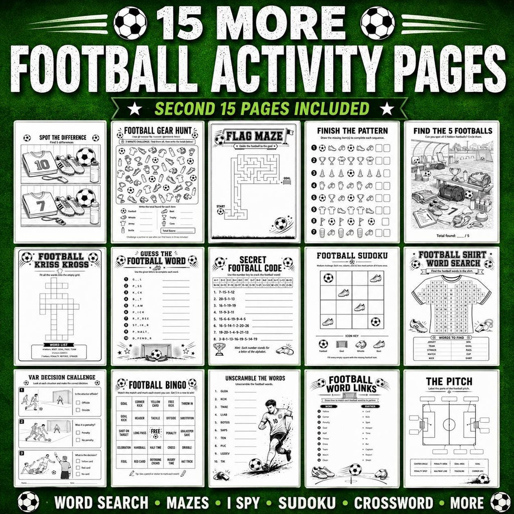 Football Activity Pack, Printable Soccer Activity Pages, Football Puzzles, Football Word Search, Maze, Crossword, Puzzle Games