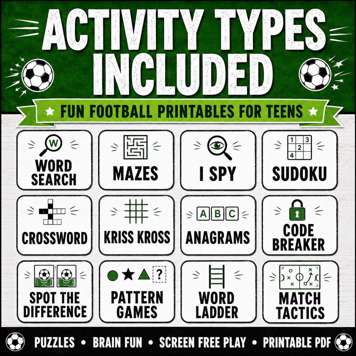 Football Activity Pack, Printable Soccer Activity Pages, Football Puzzles, Football Word Search, Maze, Crossword, Puzzle Games