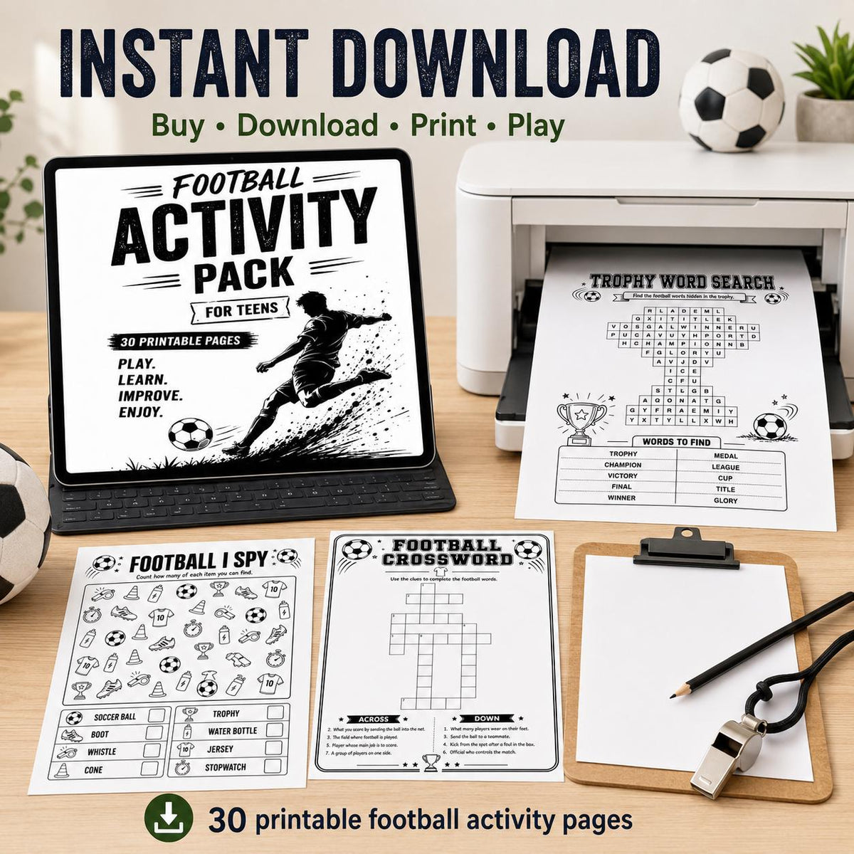 Football Activity Pack, Printable Soccer Activity Pages, Football Puzzles, Football Word Search, Maze, Crossword, Puzzle Games