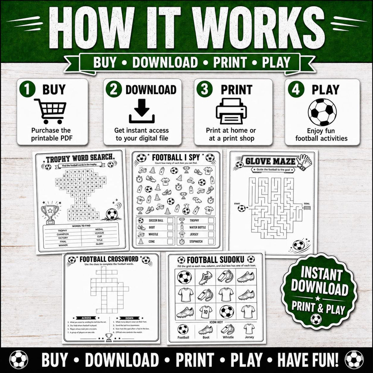 Football Activity Pack, Printable Soccer Activity Pages, Football Puzzles, Football Word Search, Maze, Crossword, Puzzle Games