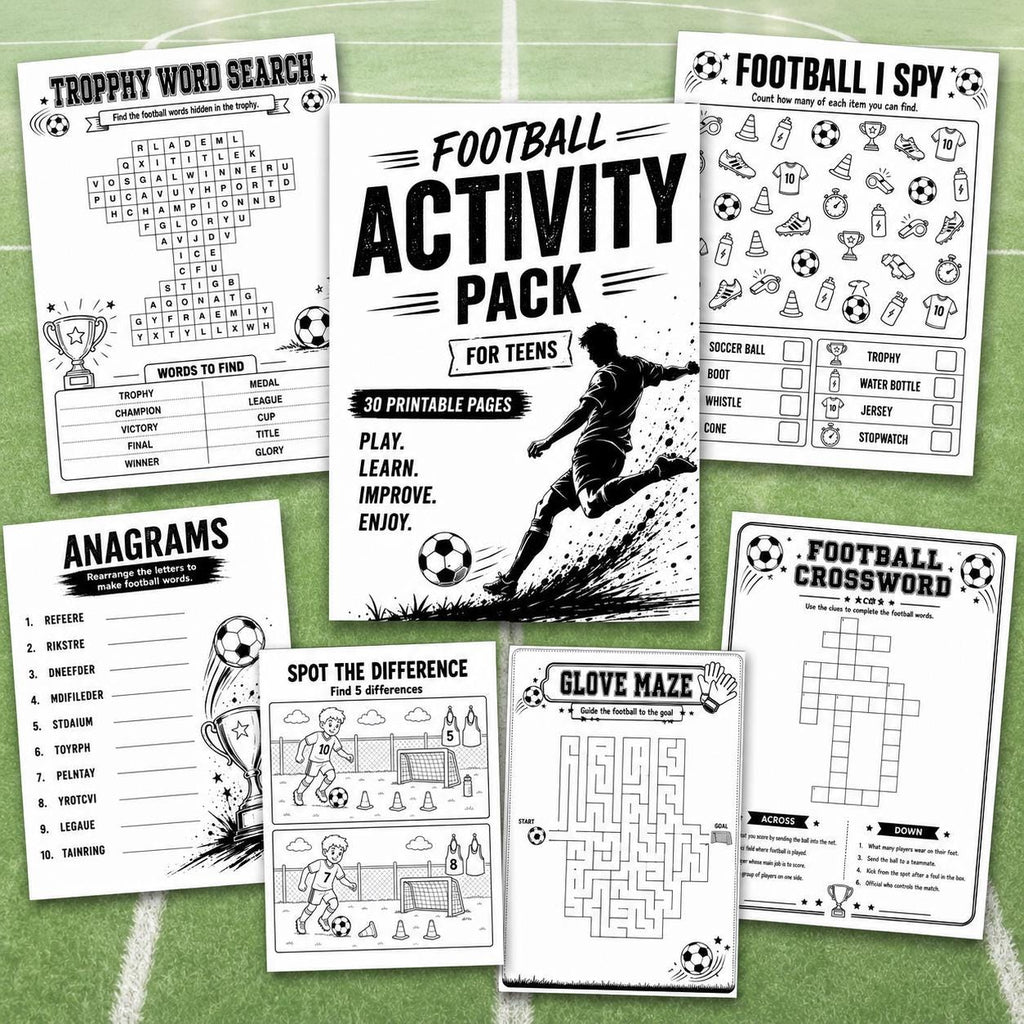 Football Activity Pack, Printable Soccer Activity Pages, Football Puzzles, Football Word Search, Maze, Crossword, Puzzle