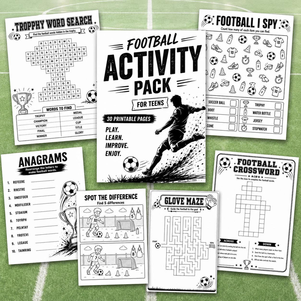 Football Activity Pack, Printable Soccer Activity Pages, Football Puzzles, Football Word Search, Maze, Crossword, Puzzle