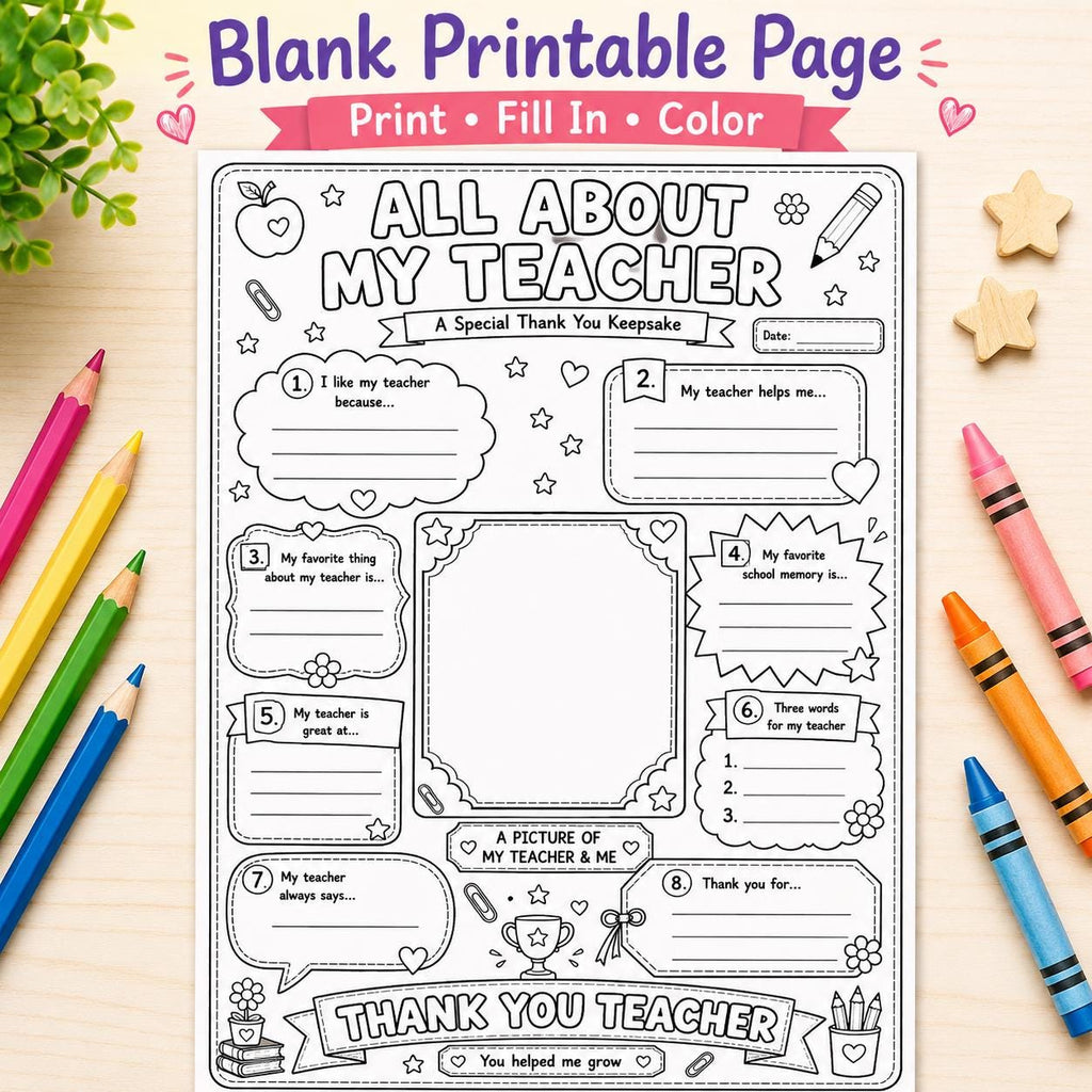 All About My Teacher Printable Gift | Teacher Thank You Keepsake | Kids Fill In The Blank Worksheet | Teacher Coloring Page | Instant PDF