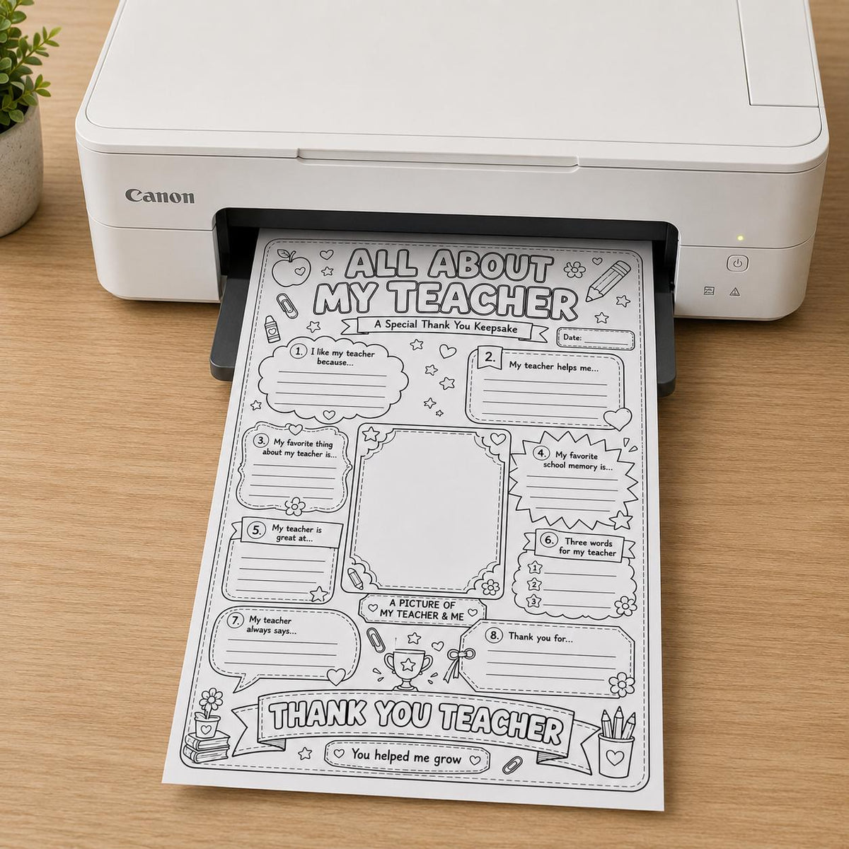 All About My Teacher Printable Gift | Teacher Thank You Keepsake | Kids Fill In The Blank Worksheet | Teacher Coloring Page | Instant PDF