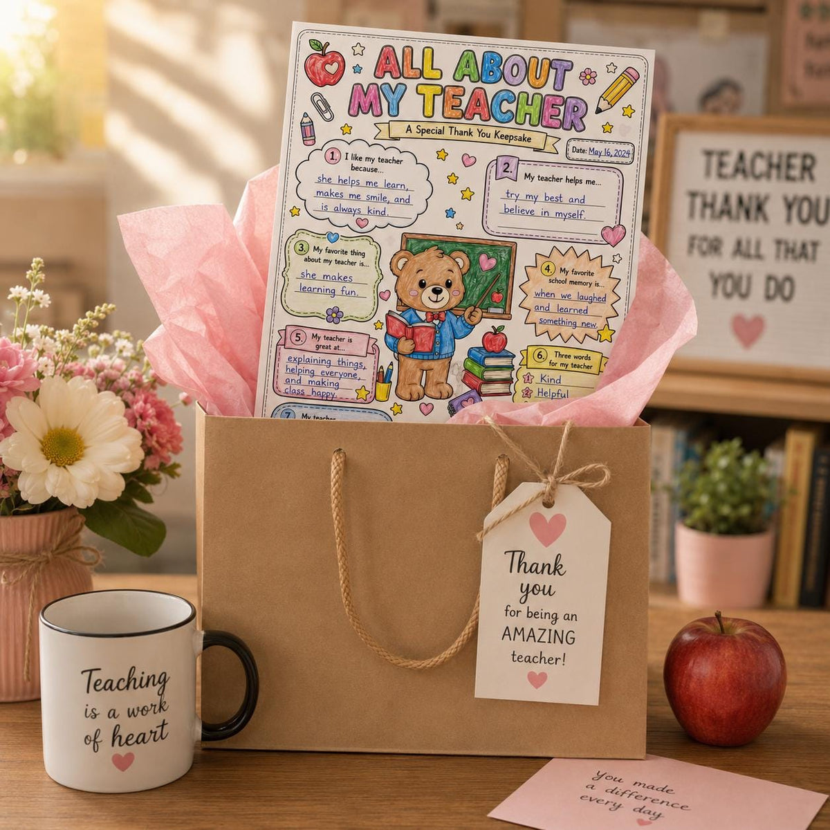 All About My Teacher Printable Gift | Teacher Thank You Keepsake | Kids Fill In The Blank Worksheet | Teacher Coloring Page | Instant PDF