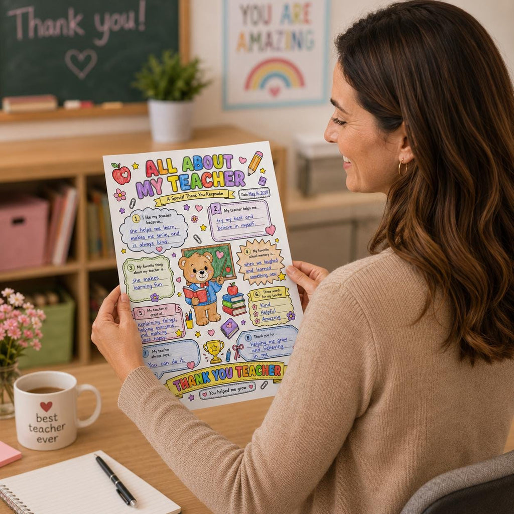 All About My Teacher Printable Gift | Teacher Thank You Keepsake | Kids Fill In The Blank Worksheet | Teacher Coloring Page | Instant PDF