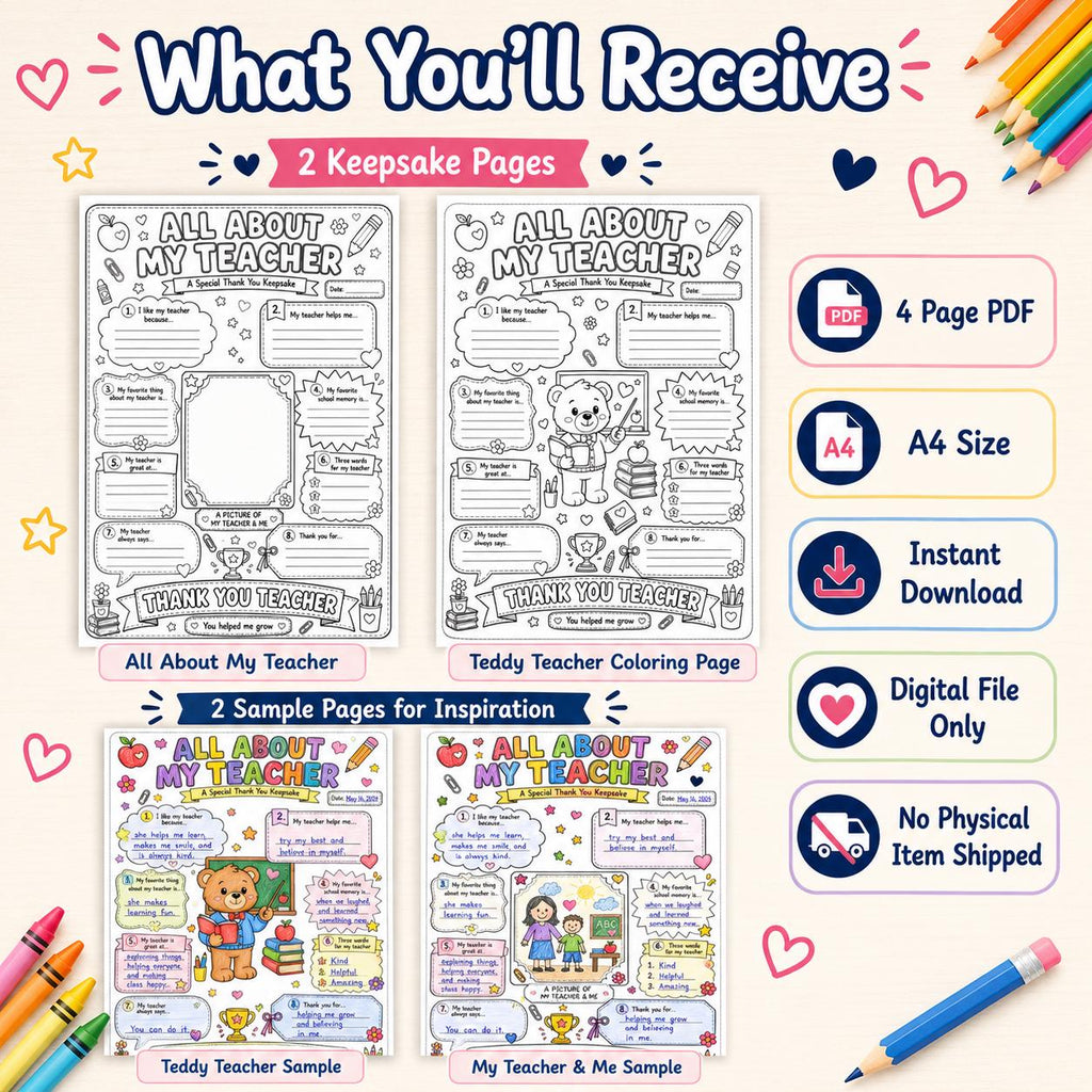 All About My Teacher Printable Gift | Teacher Thank You Keepsake | Kids Fill In The Blank Worksheet | Teacher Coloring Page | Instant PDF