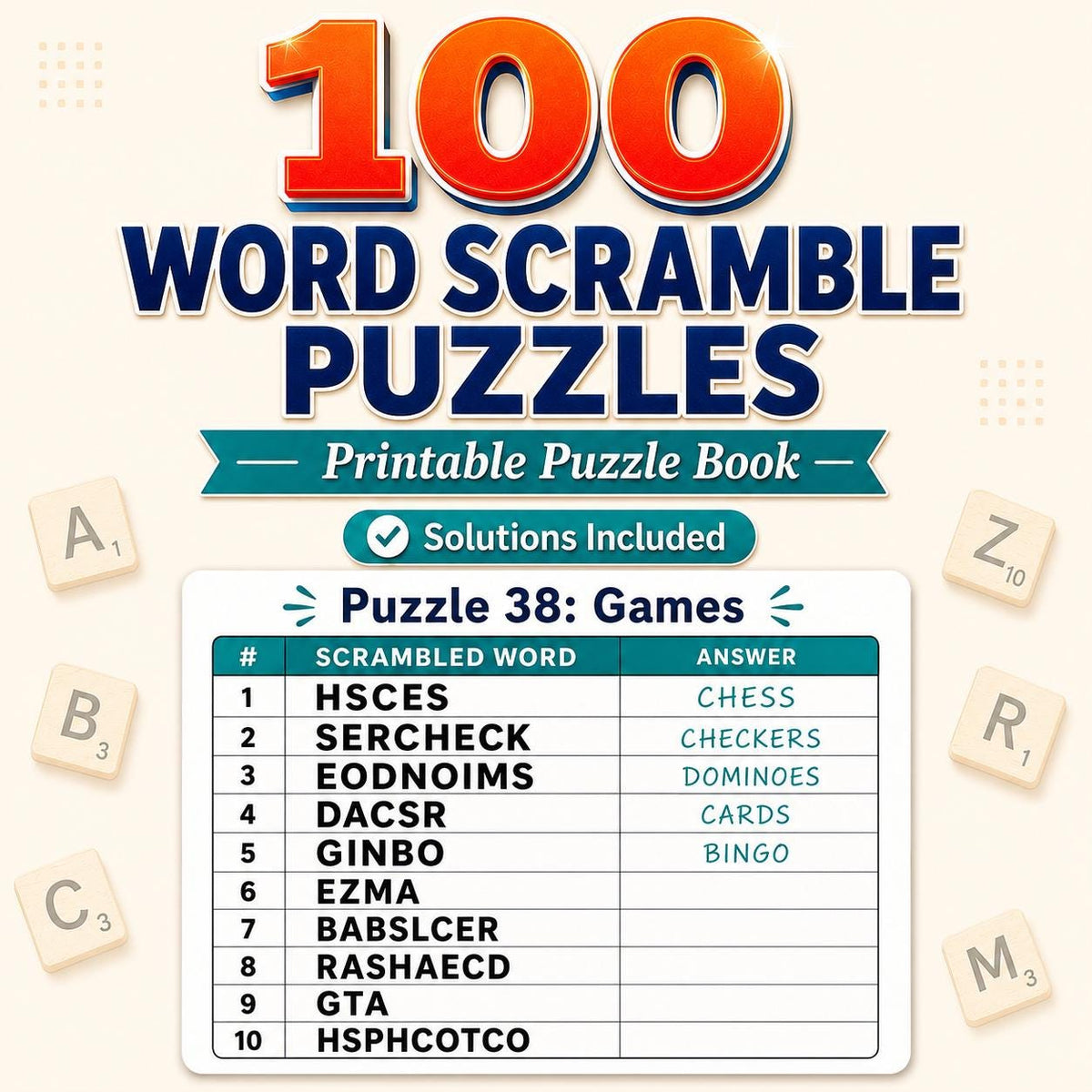 100 Word Scramble Puzzles Printable PDF, Anagram Puzzles, Word Puzzle Book, Printable Activity Book with Solutions, Inst