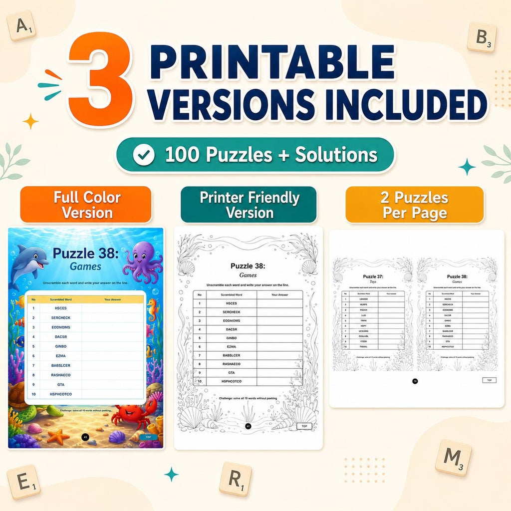 100 Word Scramble Puzzles Printable PDF, Anagram Puzzles, Word Puzzle Book, Printable Activity Book with Solutions, Instant Download