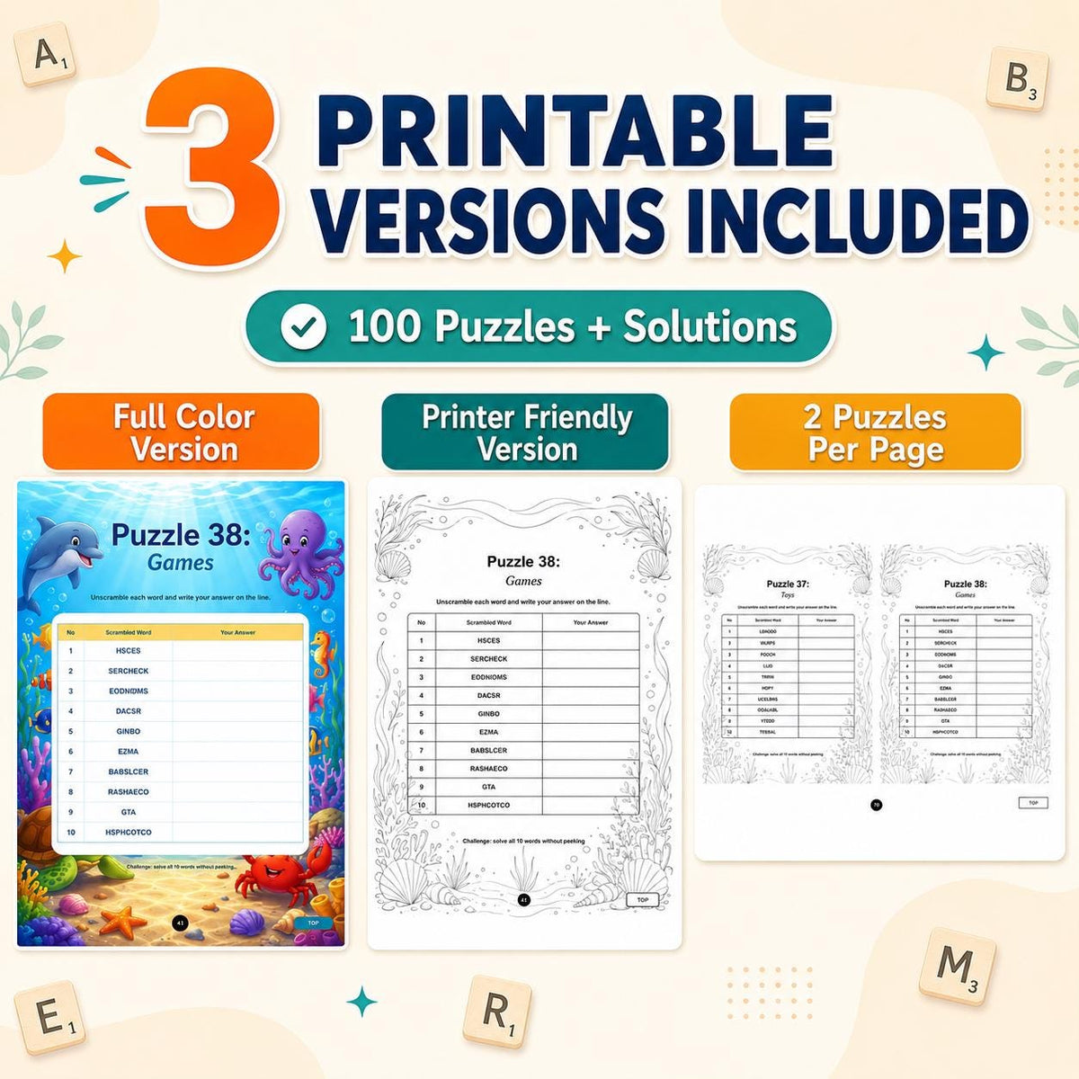 100 Word Scramble Puzzles Printable PDF, Anagram Puzzles, Word Puzzle Book, Printable Activity Book with Solutions, Instant Download