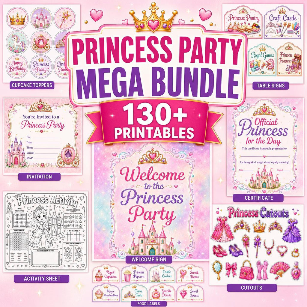Princess Party Mega Bundle Printable, Princess Birthday Decorations, Food Labels, Favor Tags, Cards, Activities, 130+ Di
