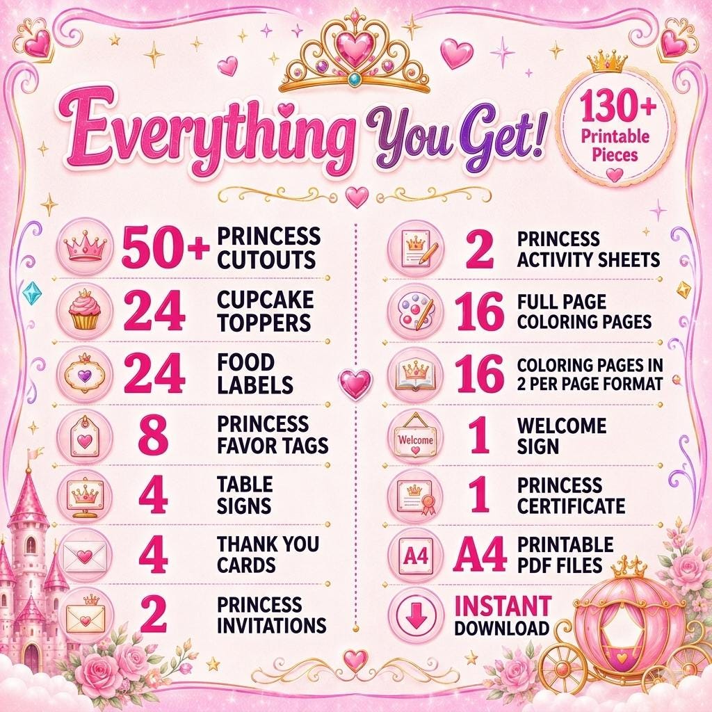 Princess Party Mega Bundle Printable, Princess Birthday Decorations, Food Labels, Favor Tags, Cards, Activities, 130+ Digital Printables