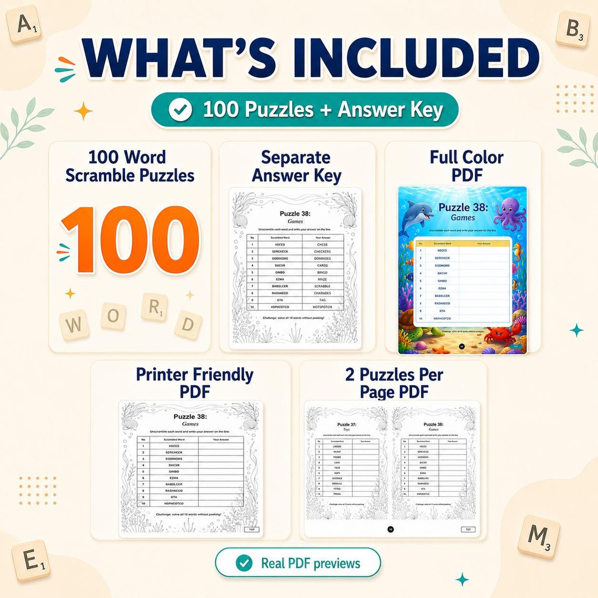 100 Word Scramble Puzzles Printable PDF, Anagram Puzzles, Word Puzzle Book, Printable Activity Book with Solutions, Instant Download