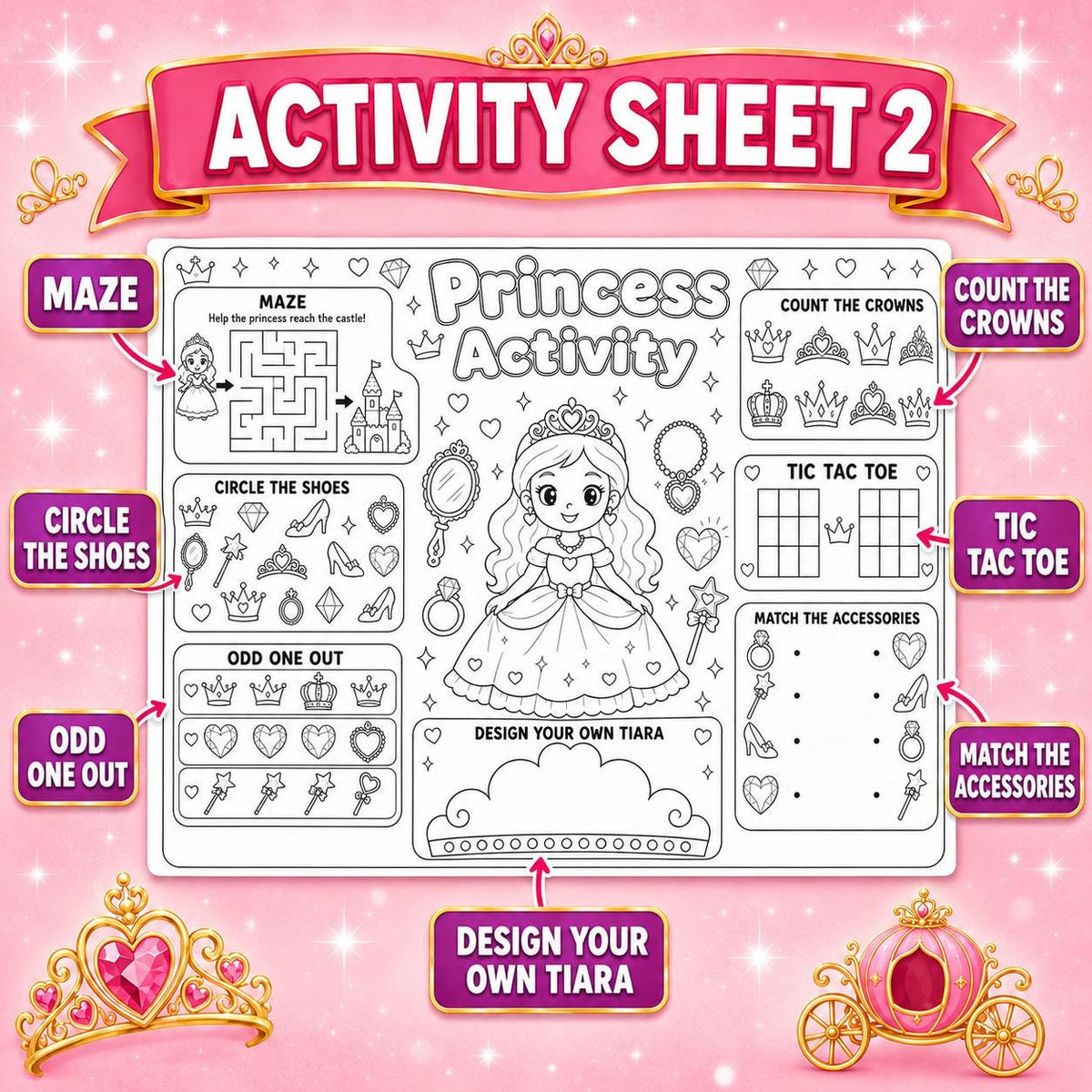 Princess Activity Sheets Printable, Princess Birthday  Activity Pages, Kids Party Activity, Princess Coloring Page, A4 Digital Download