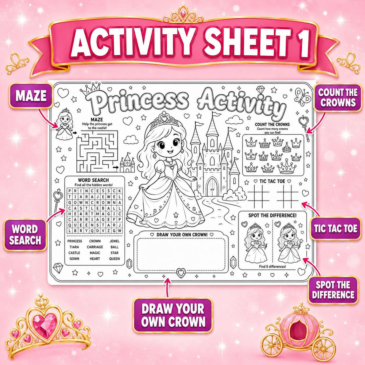 Princess Activity Sheets Printable, Princess Birthday  Activity Pages, Kids Party Activity, Princess Coloring Page, A4 Digital Download