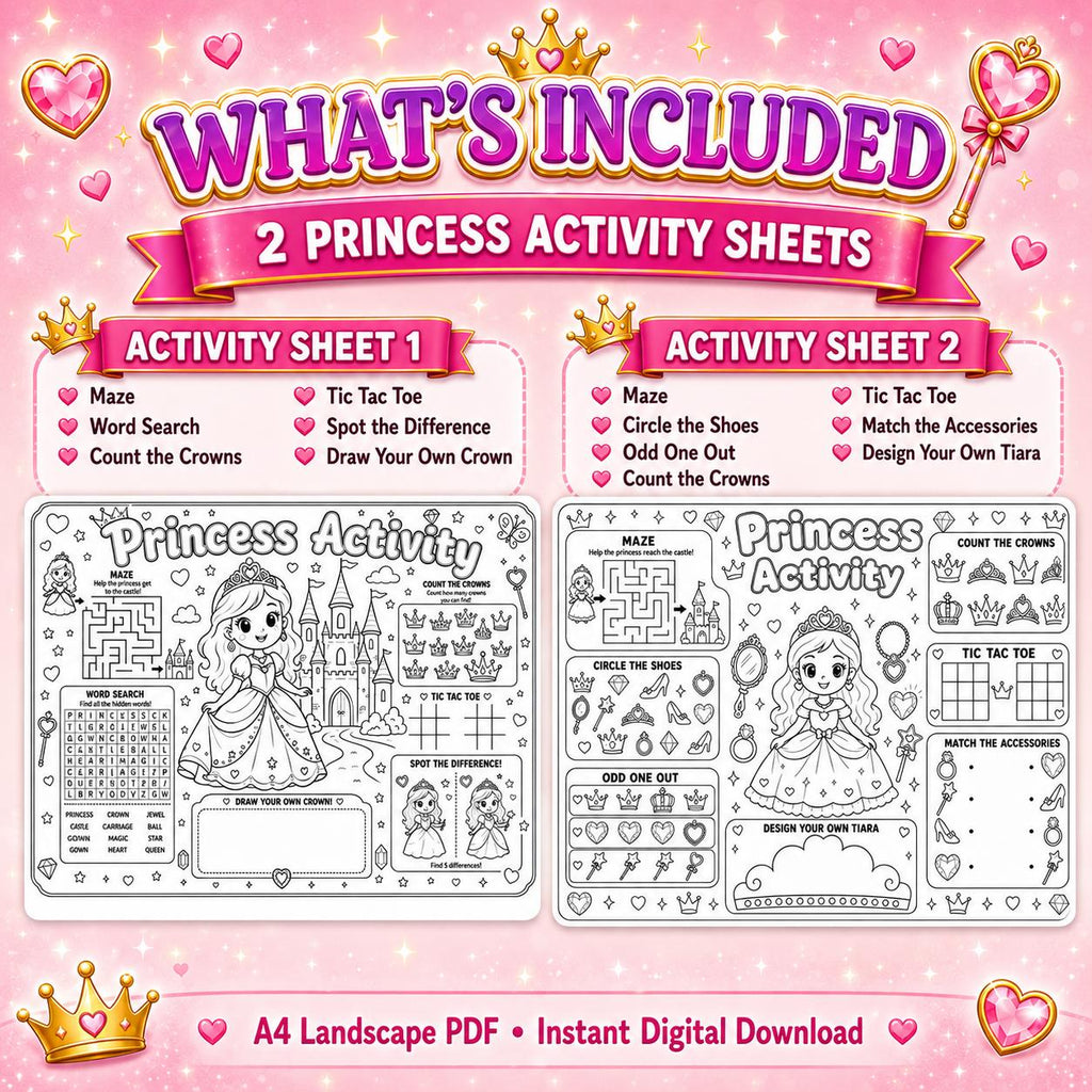 Princess Activity Sheets Printable, Princess Birthday  Activity Pages, Kids Party Activity, Princess Coloring Page, A4 Digital Download