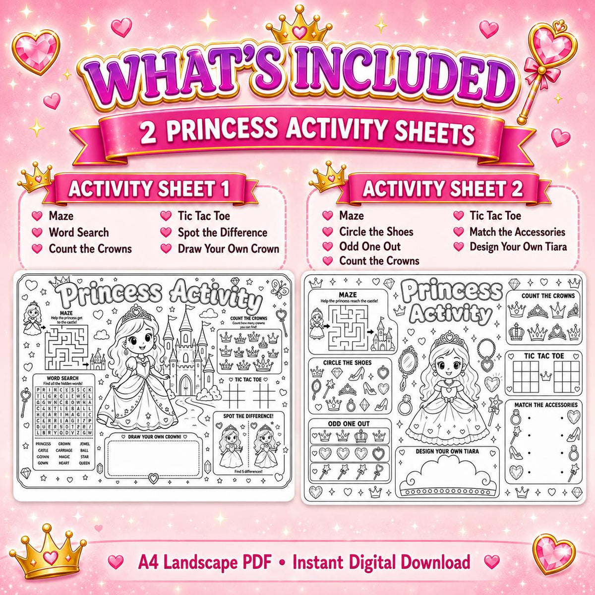 Princess Activity Sheets Printable, Princess Birthday  Activity Pages, Kids Party Activity, Princess Coloring Page, A4 Digital Download