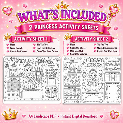 Princess Activity Sheets Printable, Princess Birthday  Activity Pages, Kids Party Activity, Princess Coloring Page, A4 Digital Download