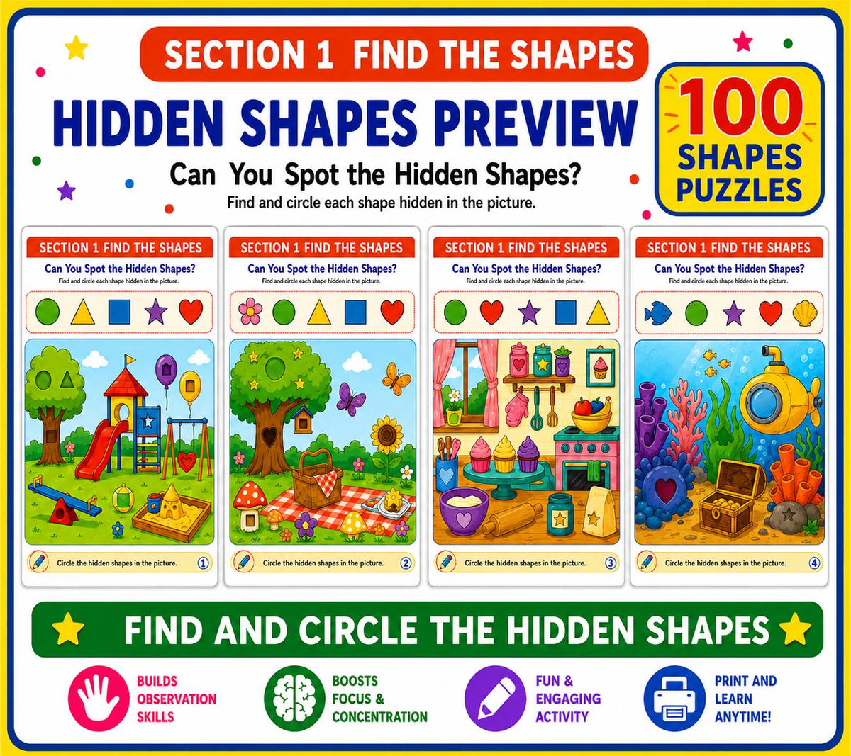 Shapes Workbook for Kids, Summer Printable PDF, 110 Page Preschool Kindergarten Activity Bundle